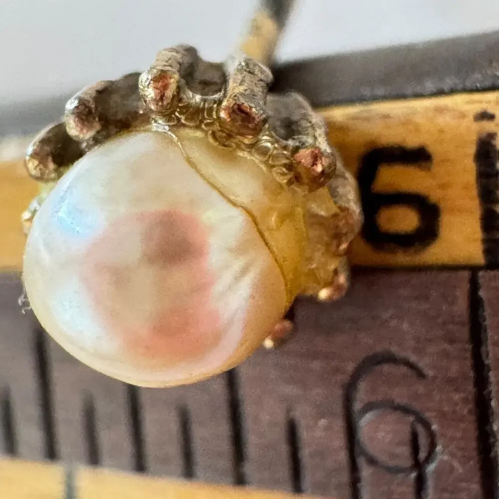Vintage Bronze Tone Cream Pearl Brutalist Tie Tack/Pin 1950s w Chain and Bar